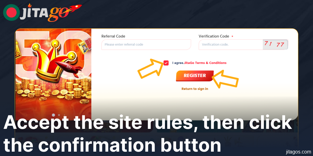 Accept the Jitago site rules, then click the confirmation button